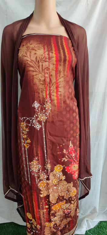 Heavy mirror work printed suit siffon duptta with lace