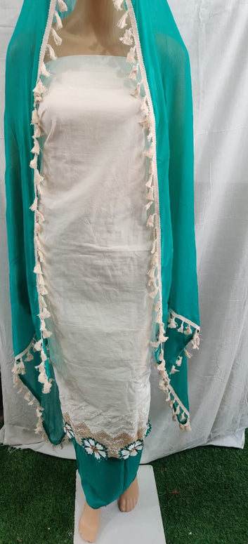 Women fancy cotton suit duptaa lacework daman flower work, unstitched dress material