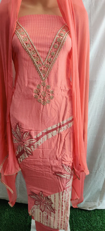 Heavy nack work embroidery and flower print unstitched suit