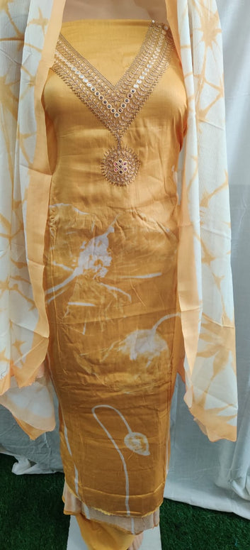Heavy nack work embroidery and flower print unstitched suit