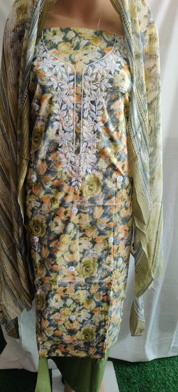 Heavy nack work embroidery and flower print unstitched suit