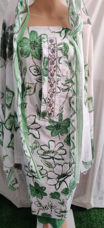 Heavy nack work embroidery and flower print unstitched suit