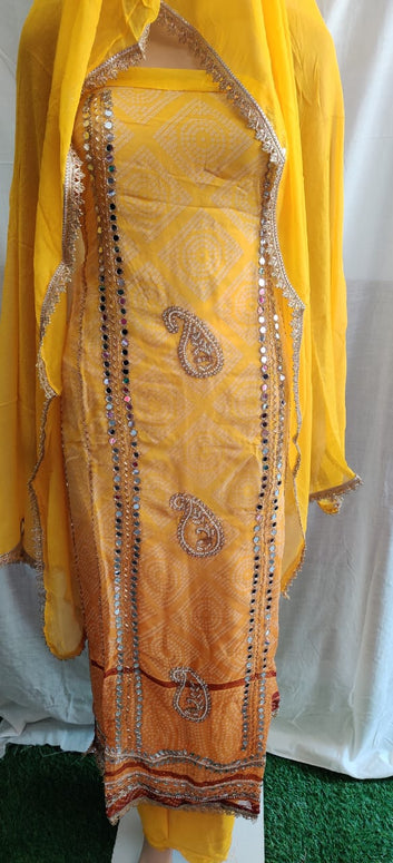 Heavy mirror and moti work design badni suit with siffon duptta work