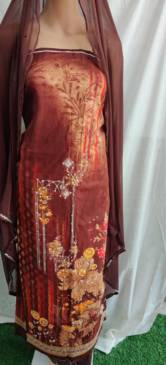 Heavy mirror work printed suit siffon duptta with lace