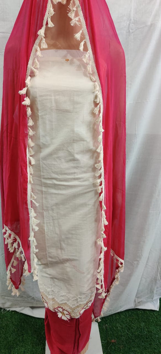 Women fancy cotton suit duptaa lacework daman flower work, unstitched dress material