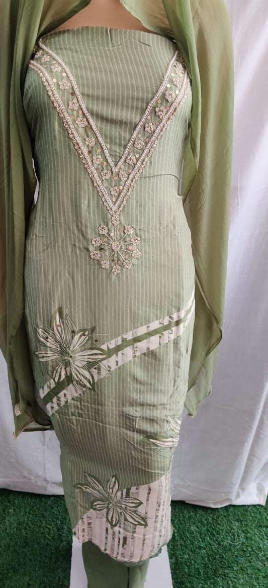 Heavy nack work embroidery and flower print unstitched suit