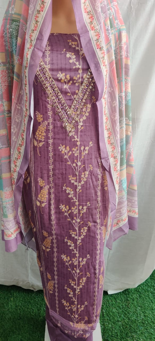 Heavy nack embroidery design and flower print  cotton duptta unstitched suit