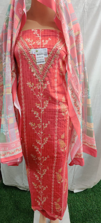 Heavy nack embroidery design and flower print  cotton duptta unstitched suit