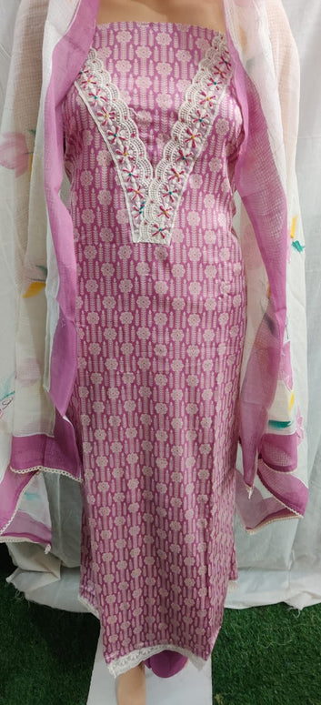 Heavy nack lacework flower print duptta unstitched cotton suit