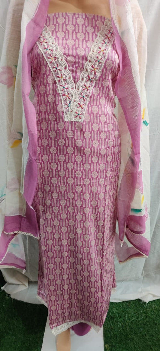 Heavy nack lacework flower print duptta unstitched cotton suit