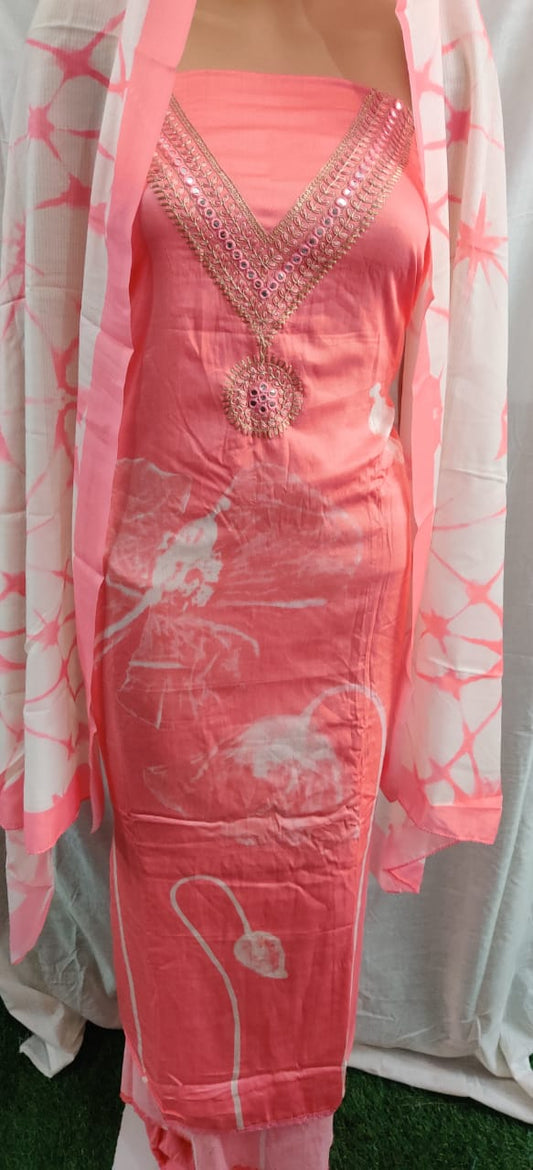 Heavy nack work embroidery and flower print unstitched suit