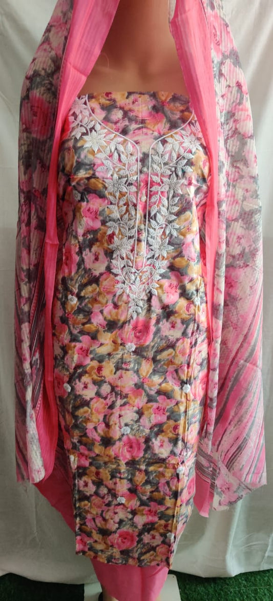 Heavy nack work embroidery and flower print unstitched suit
