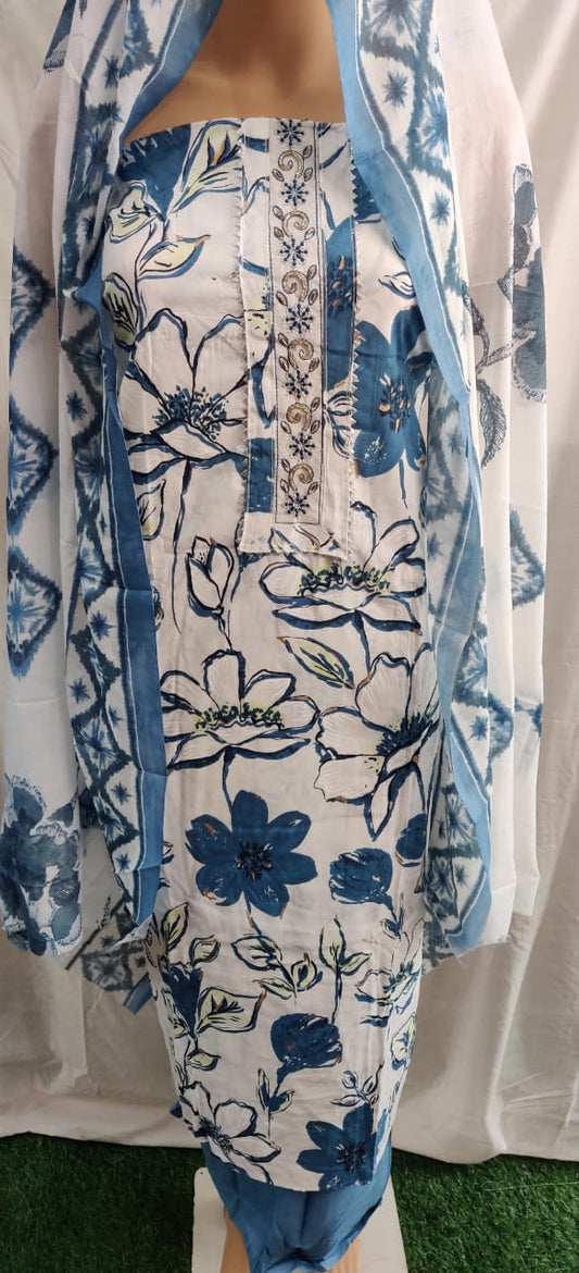 Heavy nack work embroidery and flower print unstitched suit