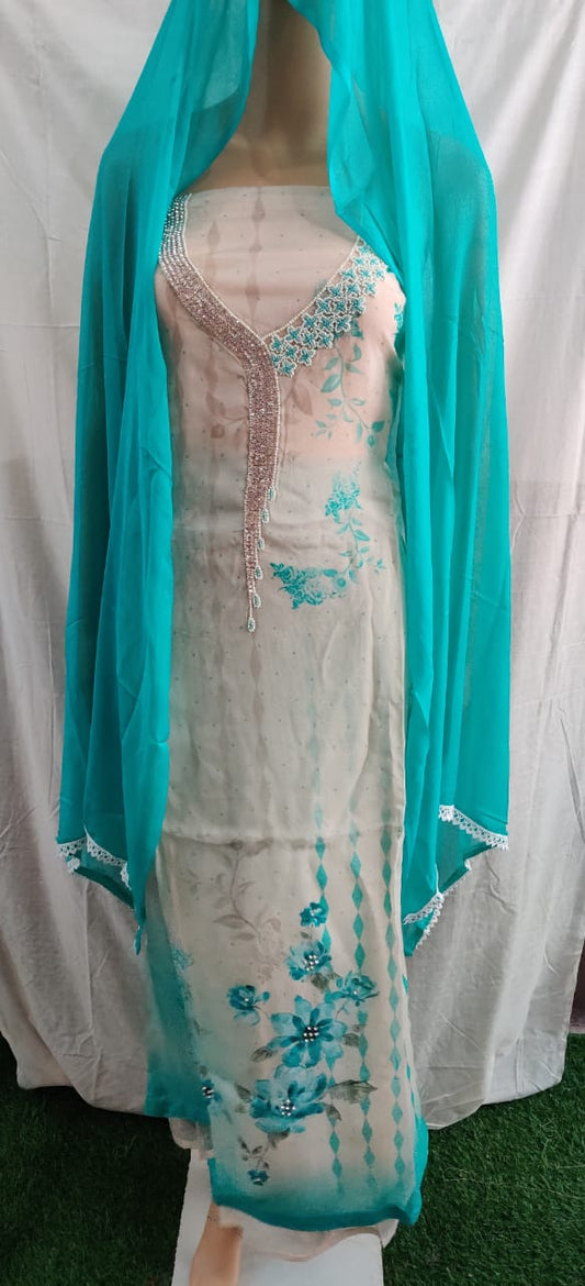 Heavy nack moti work siffon duptaa very nice febric unstitched fancy dress