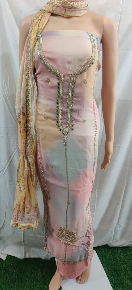 Heavy nack design partywear suit with mirror work with siffon duptta very nice febric