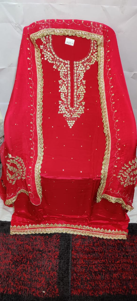 Heavy nack design partywear suit orgenja febric and heavy duptta work