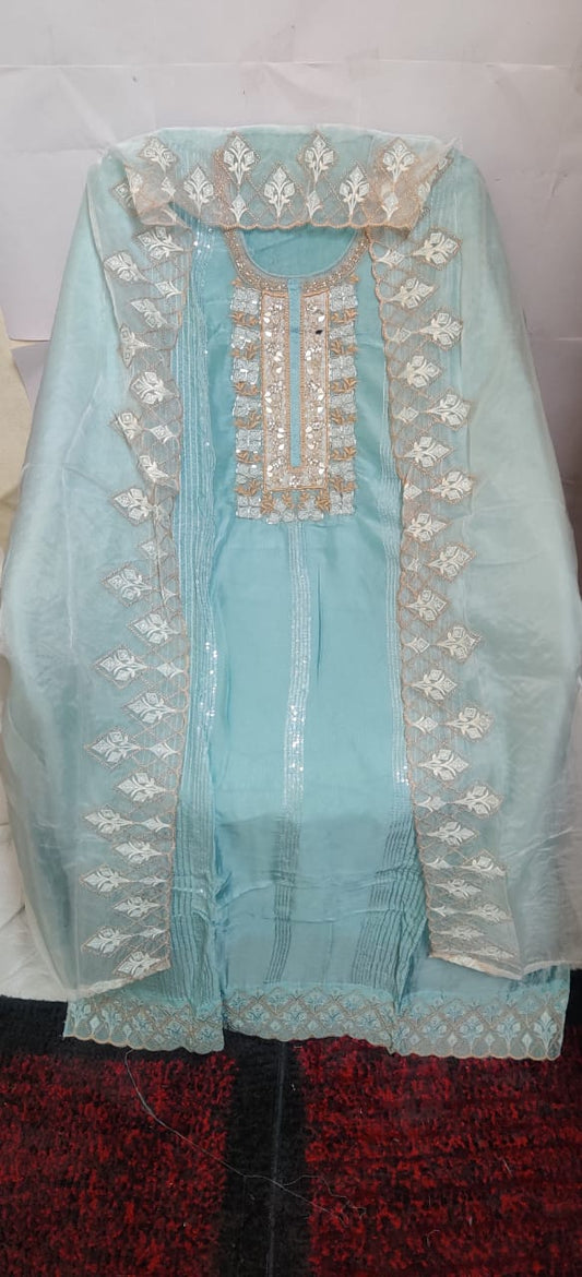 Heavy nack design partywear suit orgenja febric and heavy duptta work