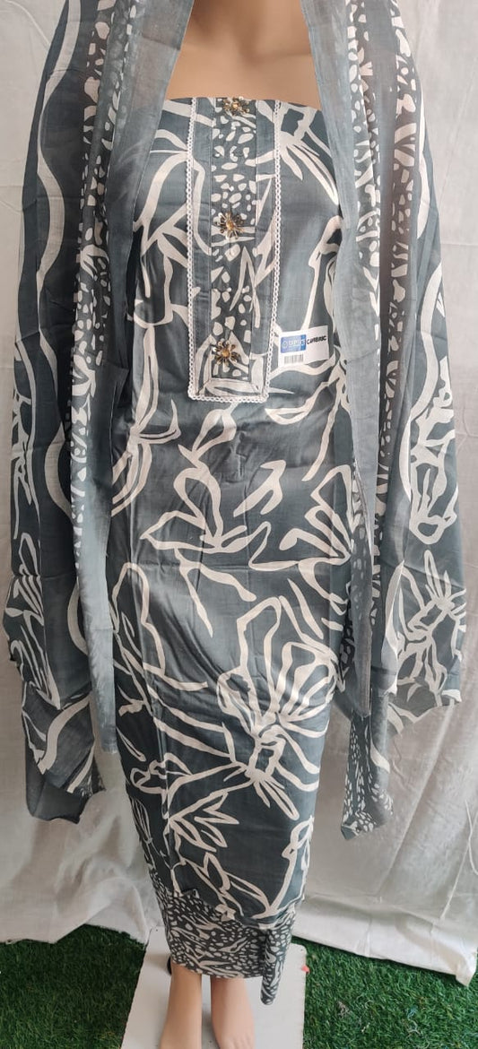 Flower print cemric cotton unstitched suit