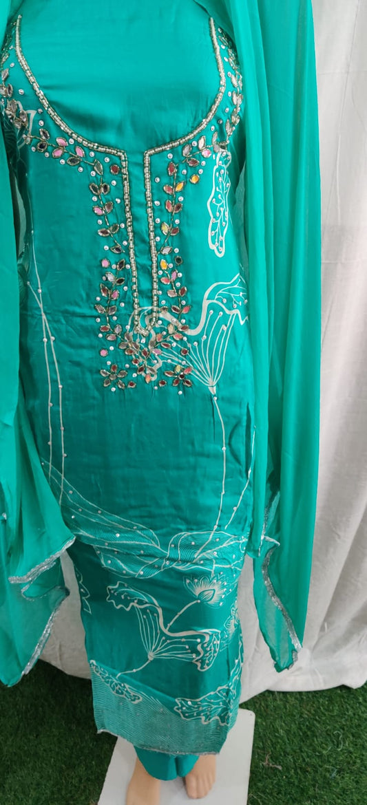 Heavy nack embroidery with mirror work fancy suit